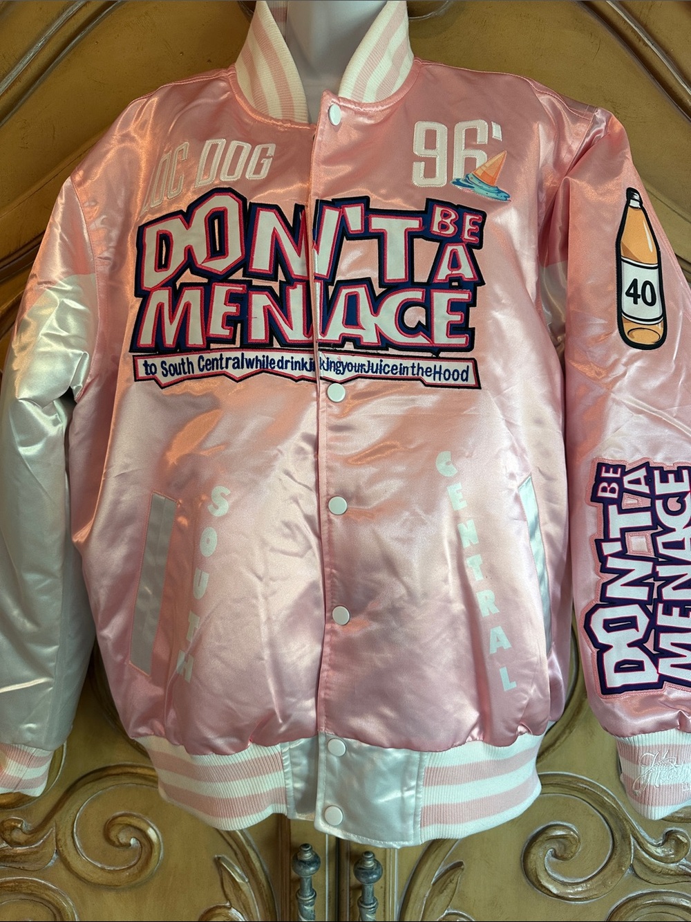 Headgear Classics Pink Satin Varsity Jacket with 'Don't Be A Menace' Graphic